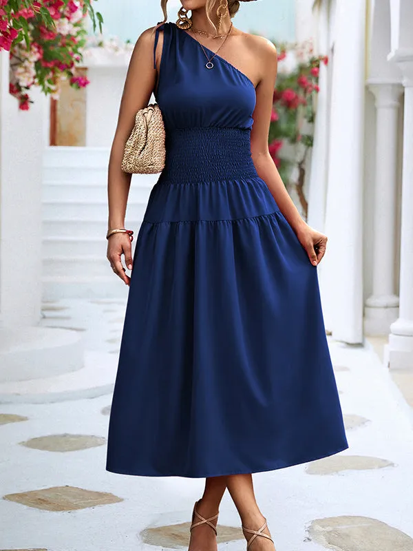 Solid Color Sleeveless One-shoulder Midi Dresses