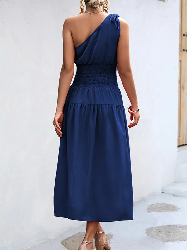 Solid Color Sleeveless One-shoulder Midi Dresses