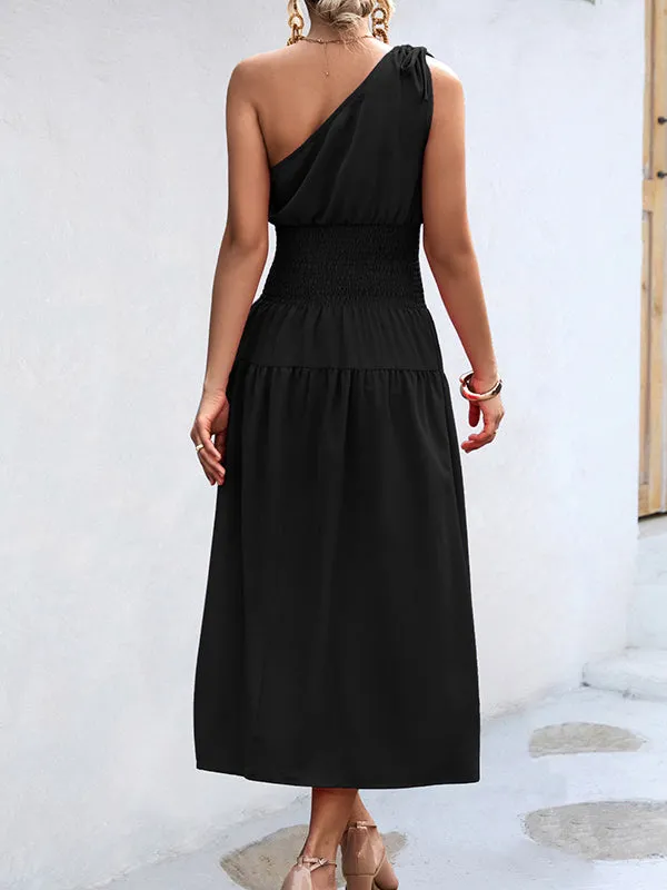 Solid Color Sleeveless One-shoulder Midi Dresses