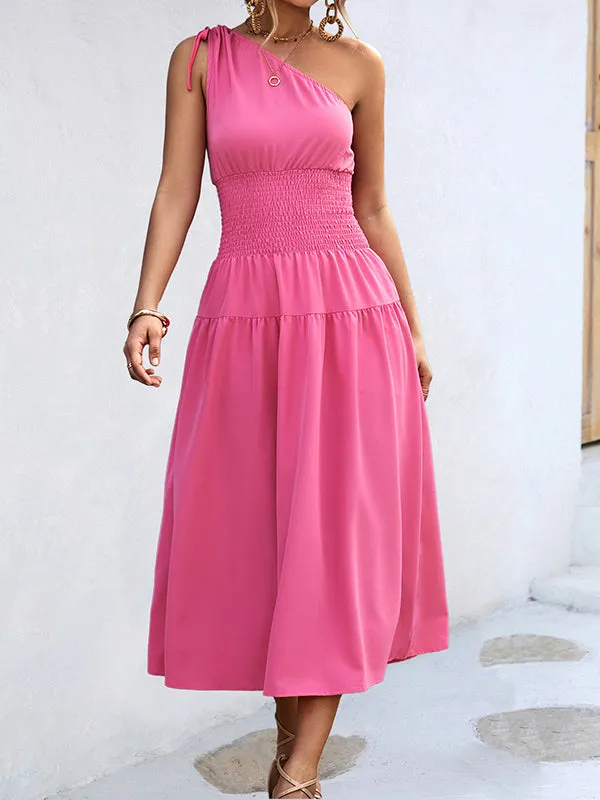 Solid Color Sleeveless One-shoulder Midi Dresses