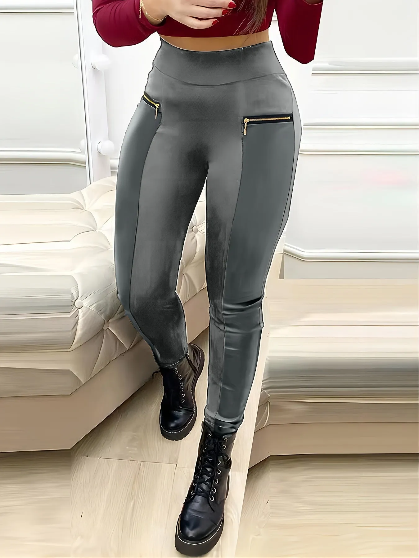 Solid High Waist Pants - Casual Contrast Faux Leather Skinny