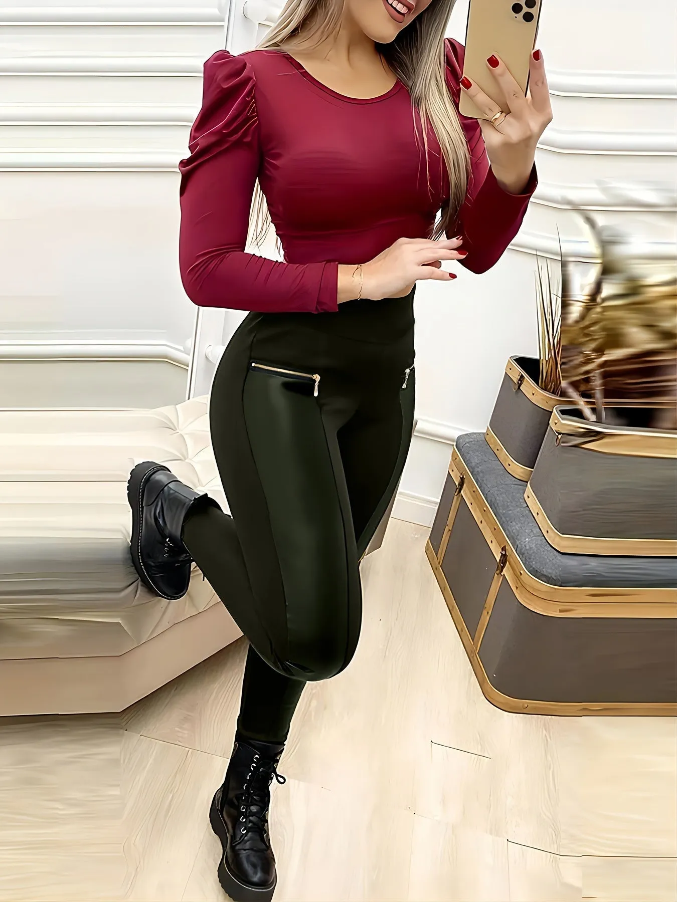 Solid High Waist Pants - Casual Contrast Faux Leather Skinny