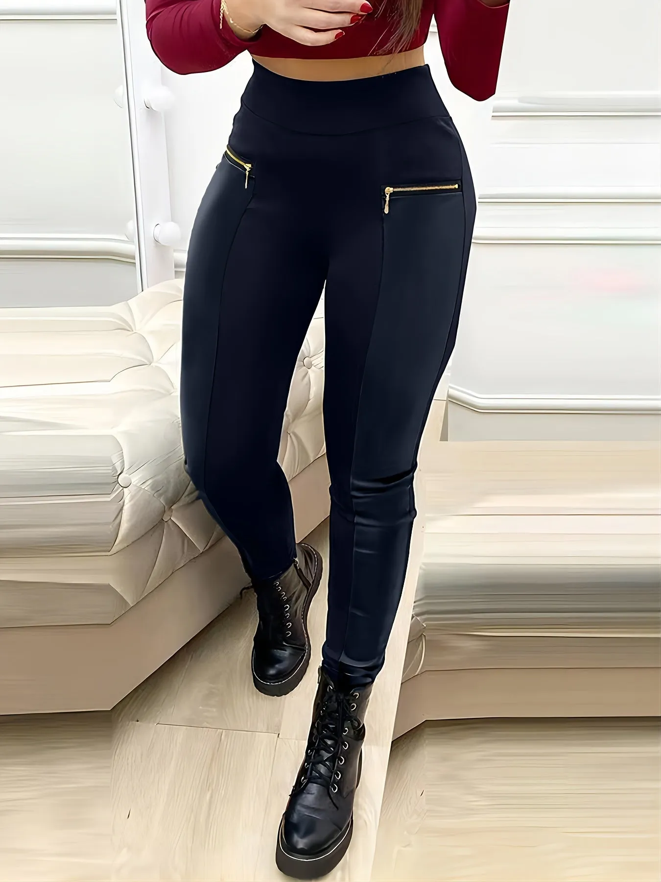 Solid High Waist Pants - Casual Contrast Faux Leather Skinny