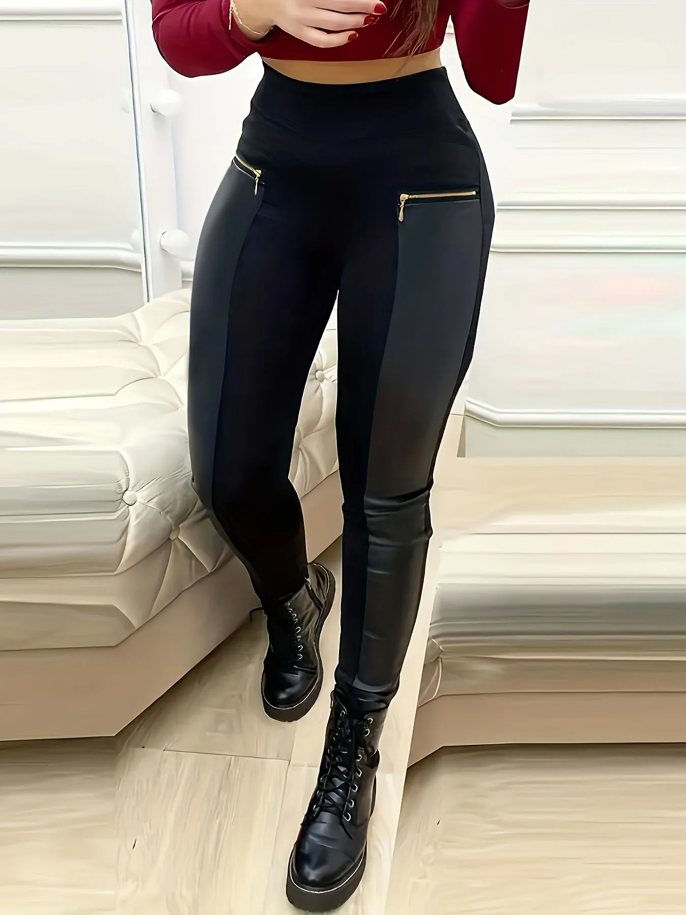 Solid High Waist Pants - Casual Contrast Faux Leather Skinny