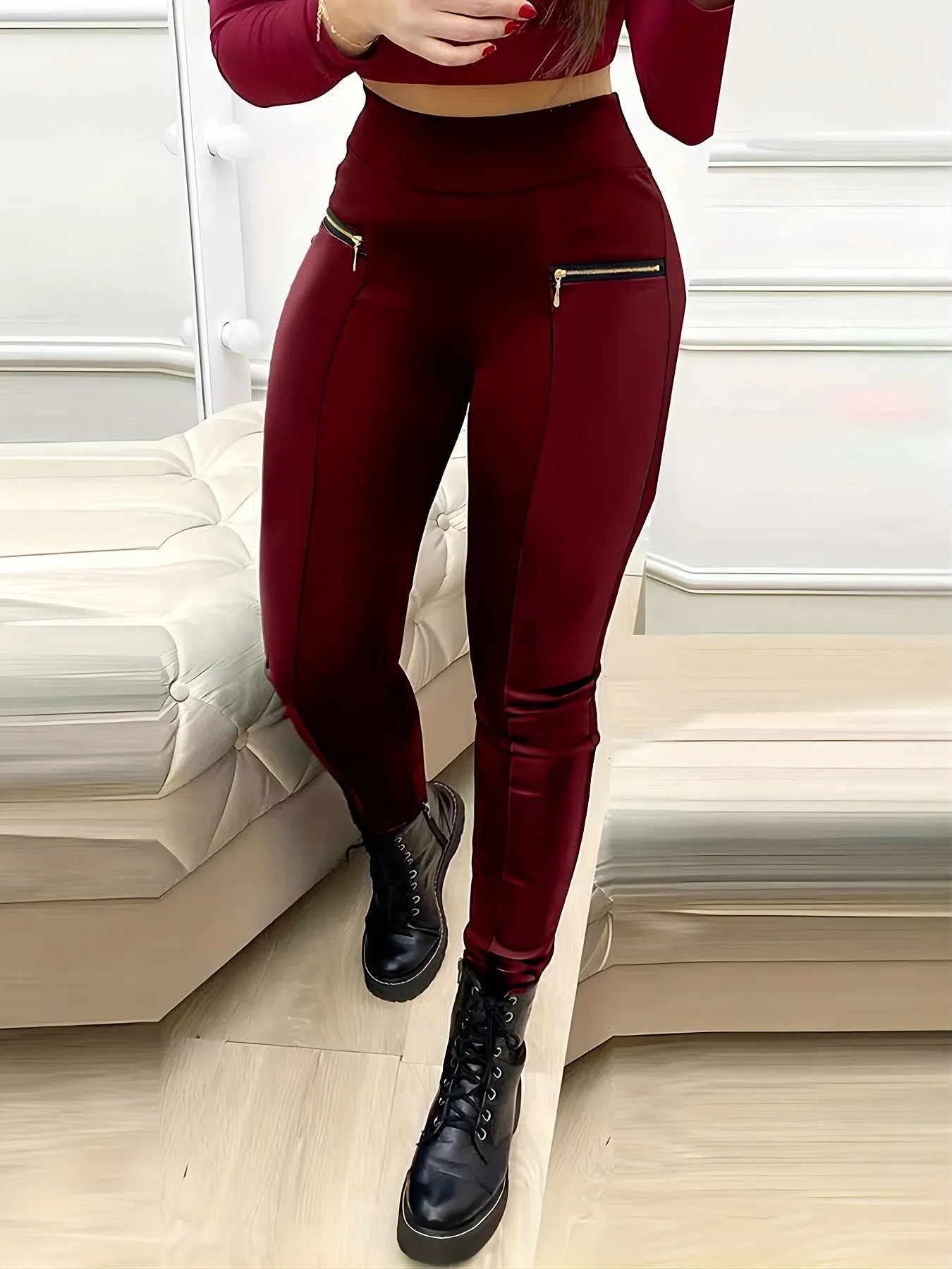 Solid High Waist Pants - Casual Contrast Faux Leather Skinny