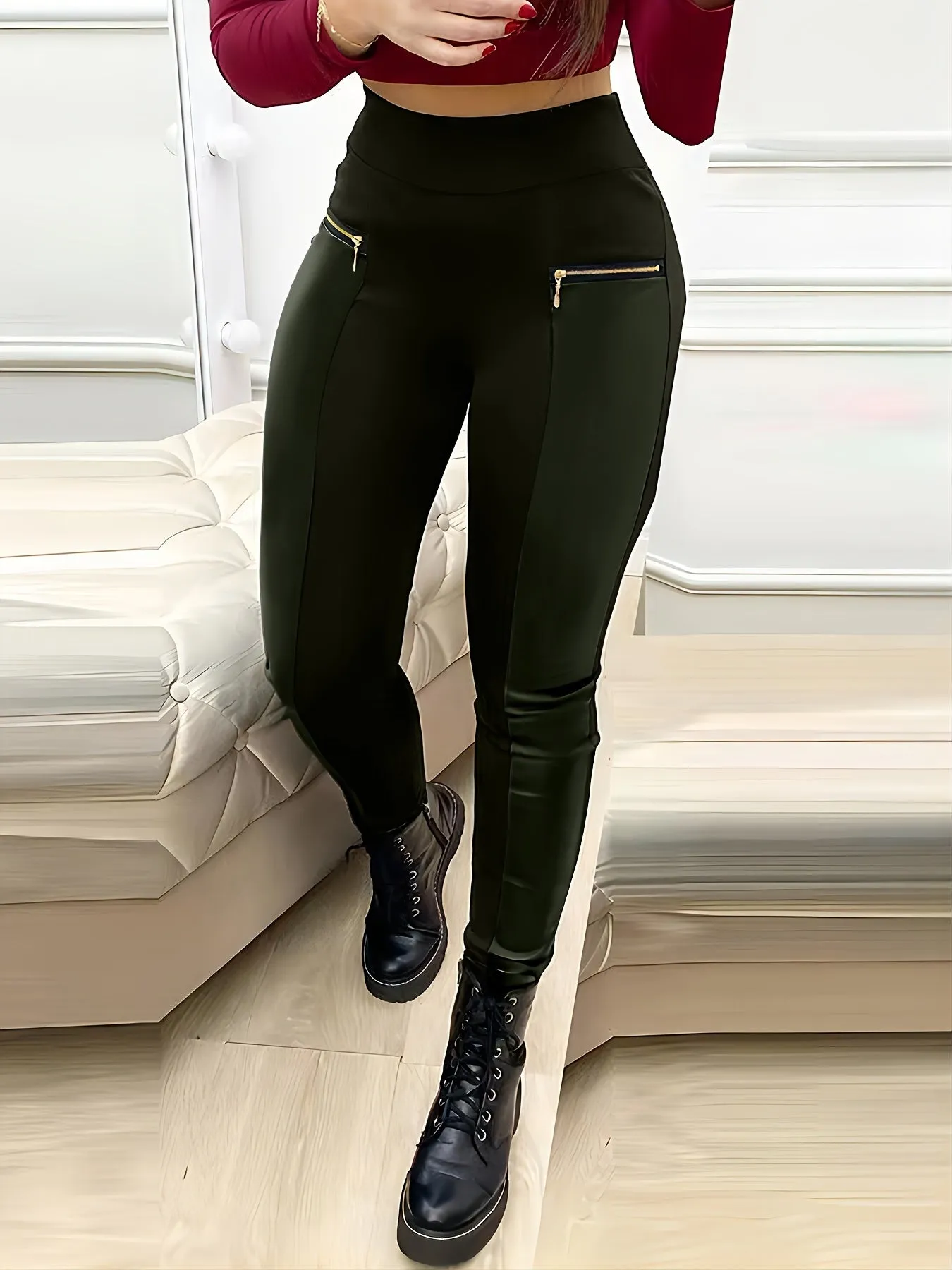 Solid High Waist Pants - Casual Contrast Faux Leather Skinny