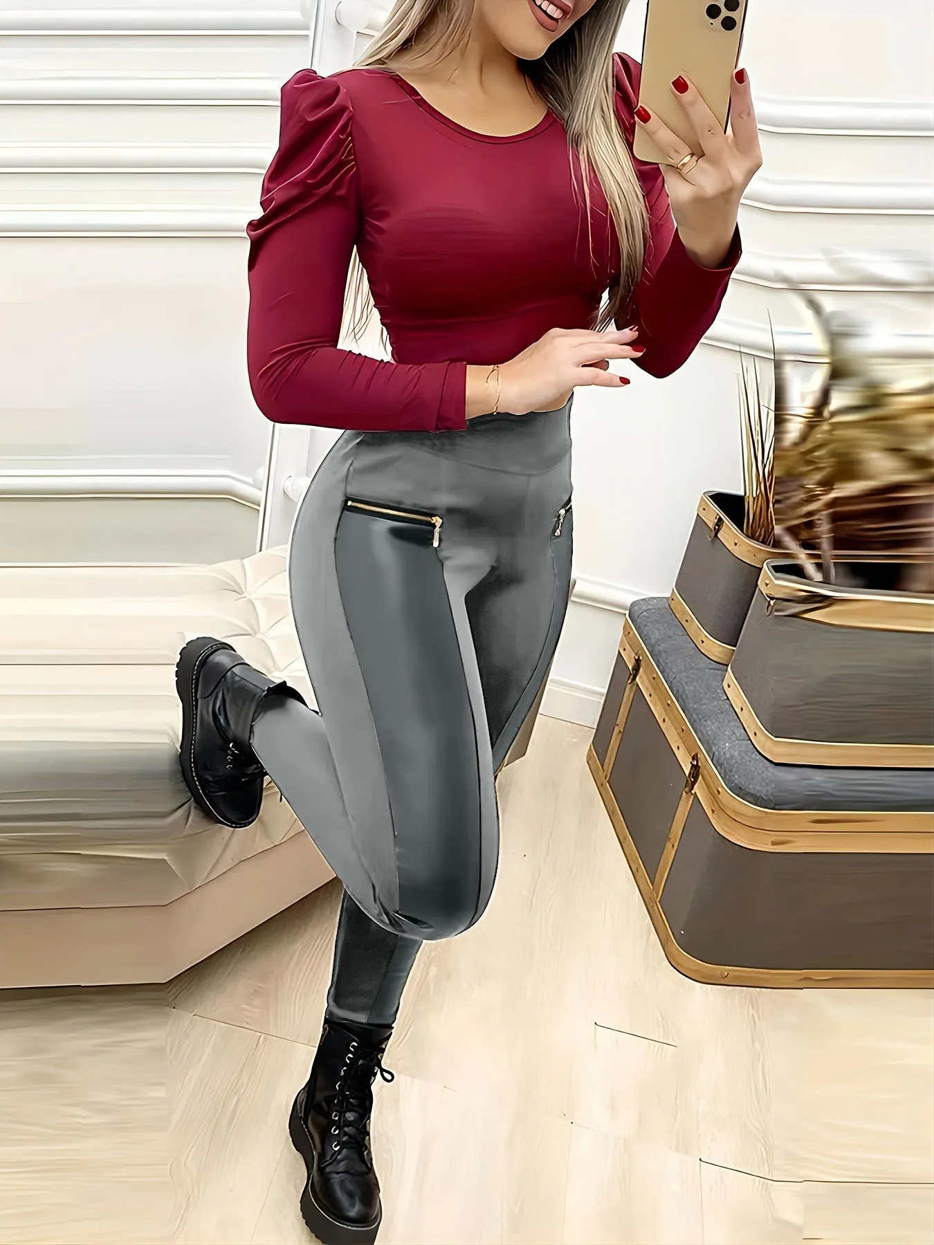 Solid High Waist Pants - Casual Contrast Faux Leather Skinny