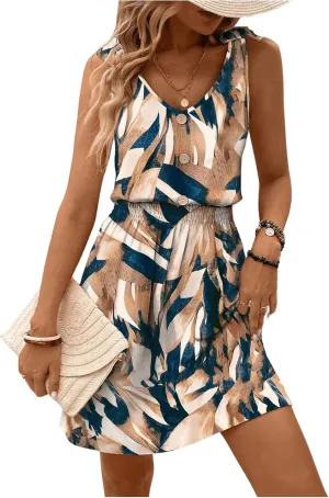 SOLY HUX Women's Summer Sleeveless V Neck Short Dresses Printed A Line Beach Dress Flowy Sundress