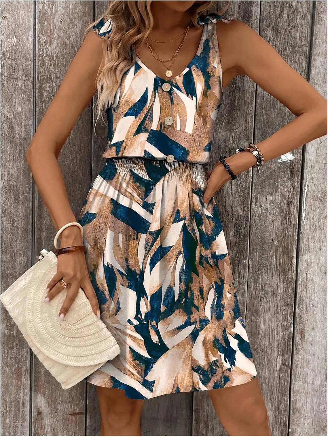 SOLY HUX Women's Summer Sleeveless V Neck Short Dresses Printed A Line Beach Dress Flowy Sundress