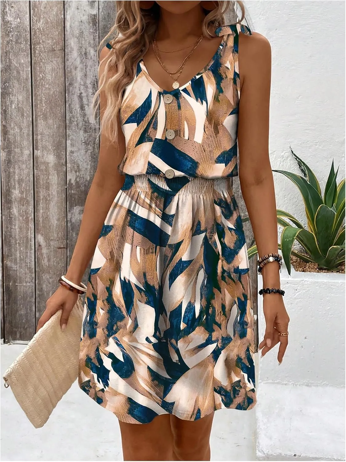 SOLY HUX Women's Summer Sleeveless V Neck Short Dresses Printed A Line Beach Dress Flowy Sundress