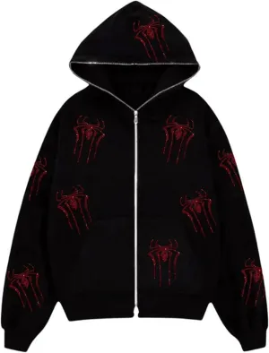 Spider Web Rhinestone Hoodie for Men Women, Long Sleeve Zip Up Glitter Gothic Y2K Jacket Cool Streetwear