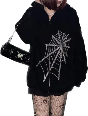 Spider Web Rhinestone Hoodie for Men Women, Long Sleeve Zip Up Glitter Gothic Y2K Jacket Cool Streetwear