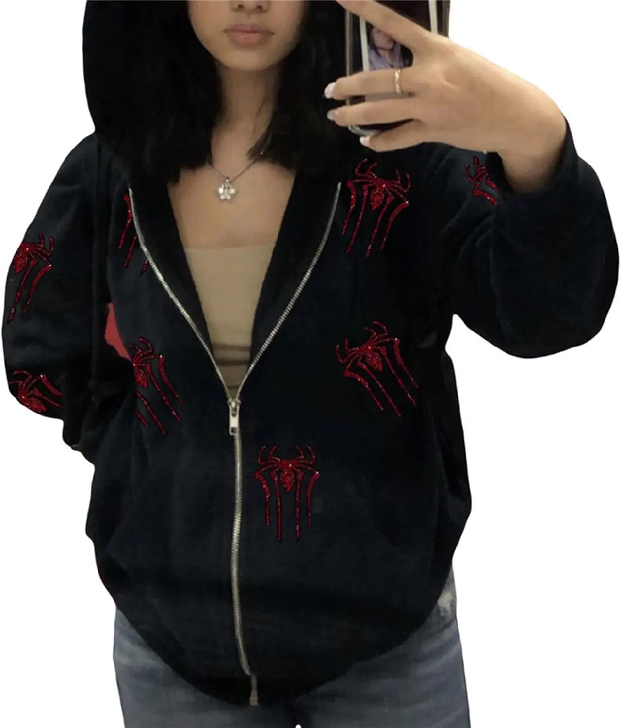 Spider Web Rhinestone Hoodie for Men Women, Long Sleeve Zip Up Glitter Gothic Y2K Jacket Cool Streetwear