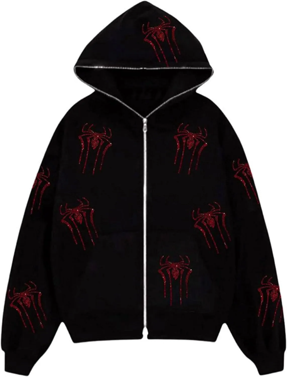 Spider Web Rhinestone Hoodie for Men Women, Long Sleeve Zip Up Glitter Gothic Y2K Jacket Cool Streetwear