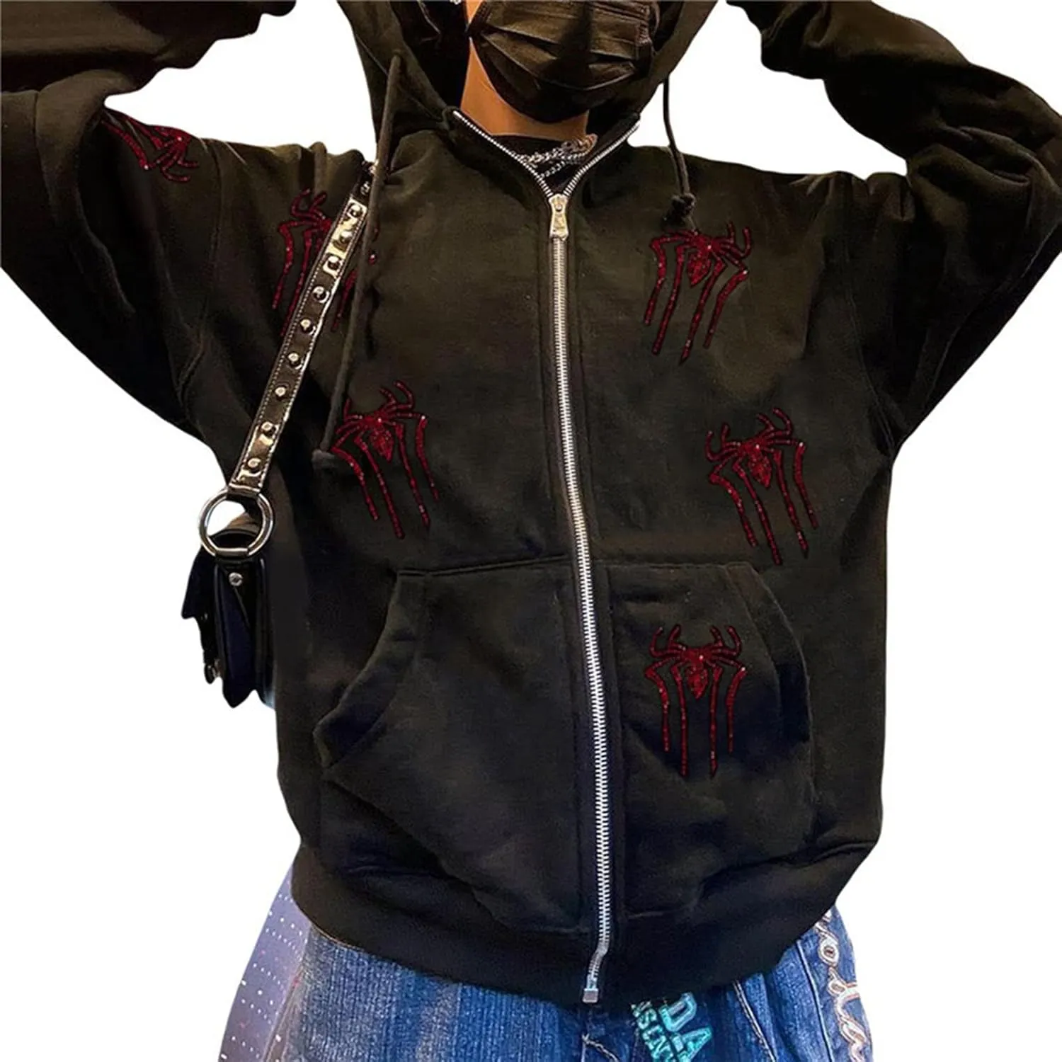 Spider Web Rhinestone Hoodie for Men Women, Long Sleeve Zip Up Glitter Gothic Y2K Jacket Cool Streetwear