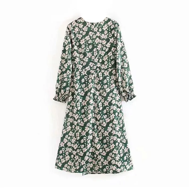 Square Collar Print Women Midi Dress Elegant Long