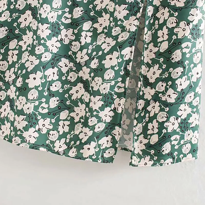 Square Collar Print Women Midi Dress Elegant Long