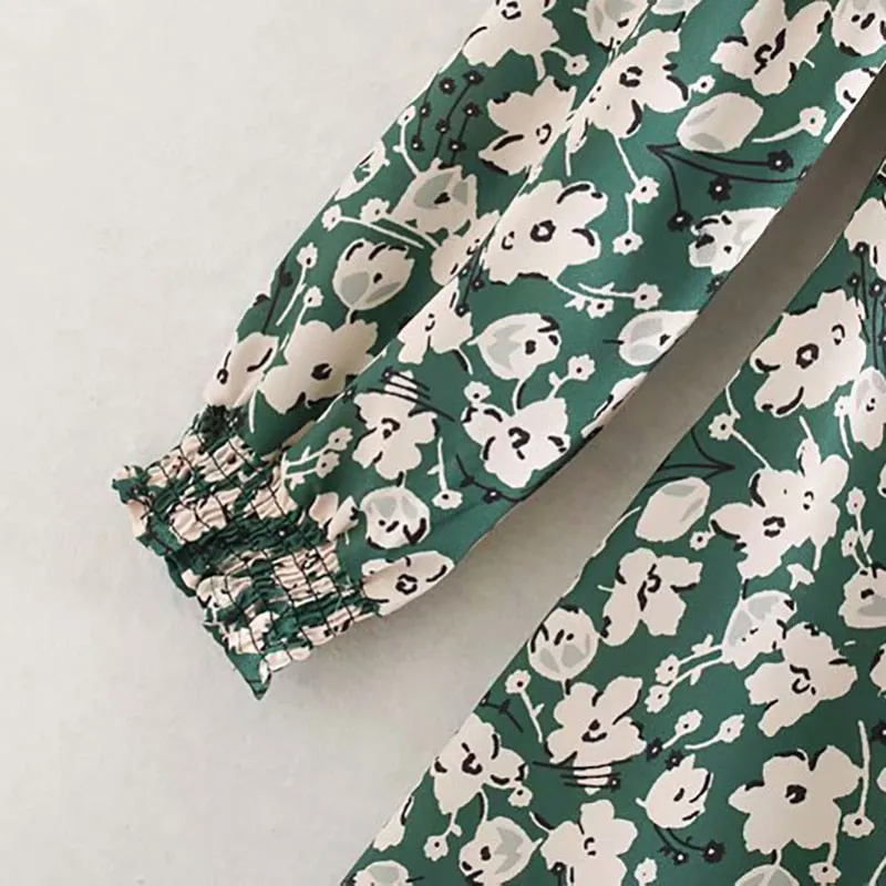Square Collar Print Women Midi Dress Elegant Long