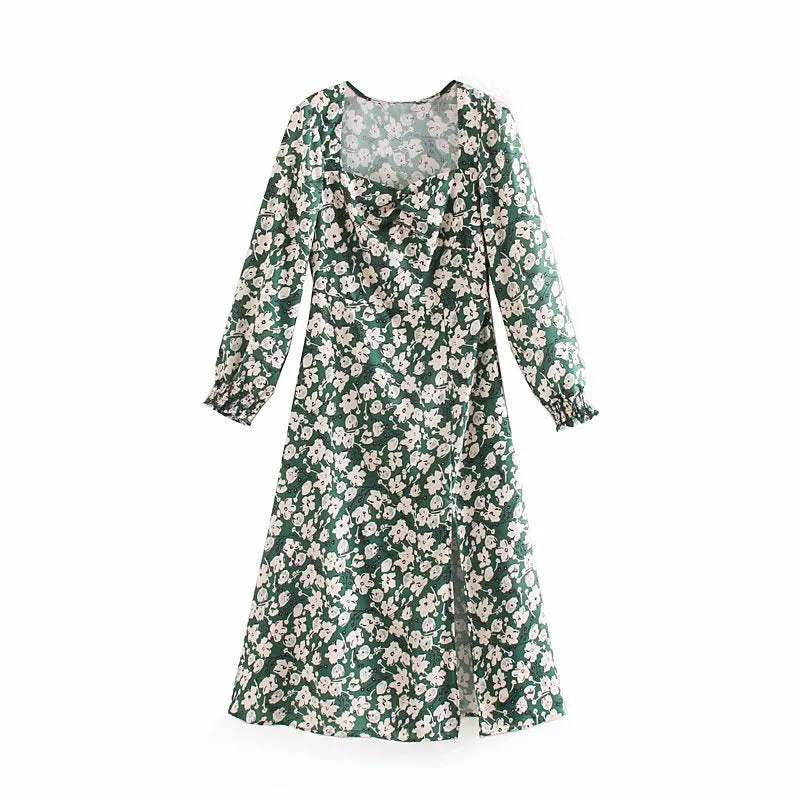 Square Collar Print Women Midi Dress Elegant Long