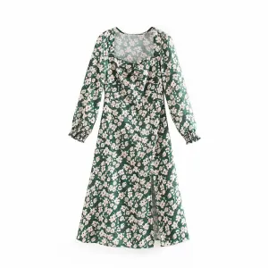 Square Collar Print Women Midi Dress Elegant Long