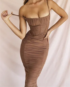 Stacked Folds Maxi Dress Elegant Women Suspender Dress Fishbone Fitting Robe Female Streetwear Ankle Length Dresses