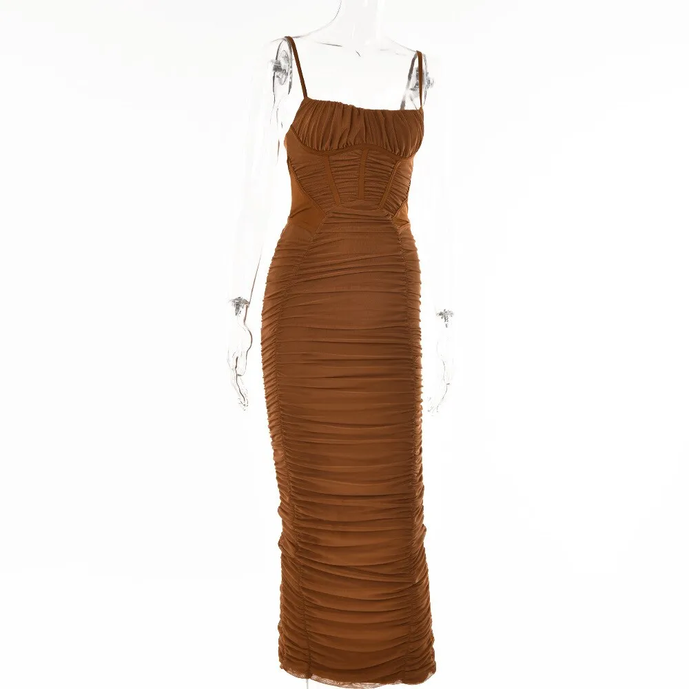 Stacked Folds Maxi Dress Elegant Women Suspender Dress Fishbone Fitting Robe Female Streetwear Ankle Length Dresses