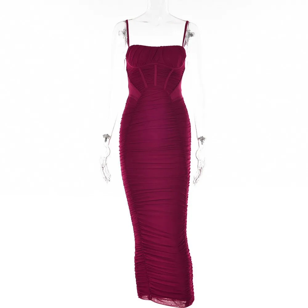 Stacked Folds Maxi Dress Elegant Women Suspender Dress Fishbone Fitting Robe Female Streetwear Ankle Length Dresses