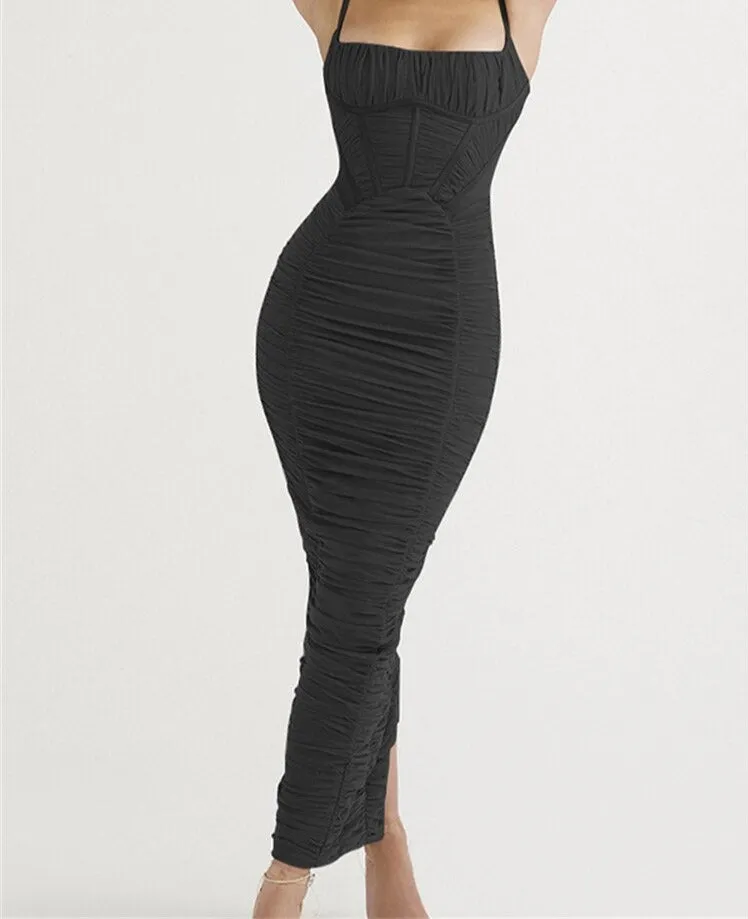 Stacked Folds Maxi Dress Elegant Women Suspender Dress Fishbone Fitting Robe Female Streetwear Ankle Length Dresses