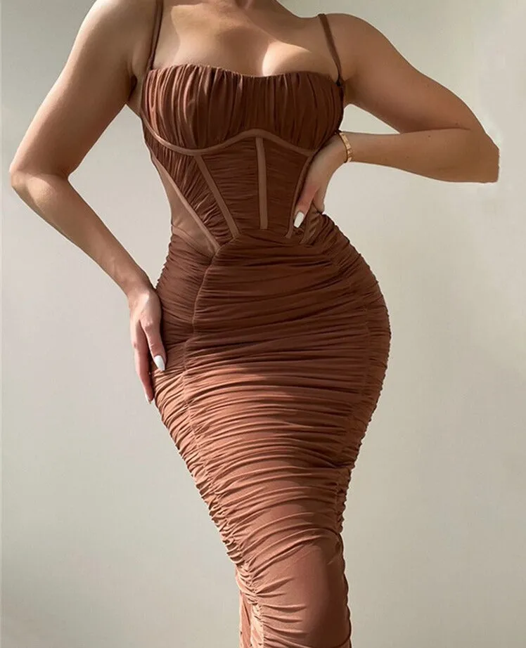Stacked Folds Maxi Dress Elegant Women Suspender Dress Fishbone Fitting Robe Female Streetwear Ankle Length Dresses