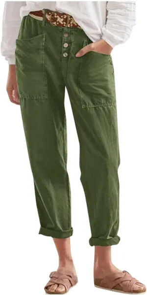 Straight Leg Trousers for Women High Waisted Button Down Linen Pants Vintage Lightweight Solid Dress Pants with Pockets
