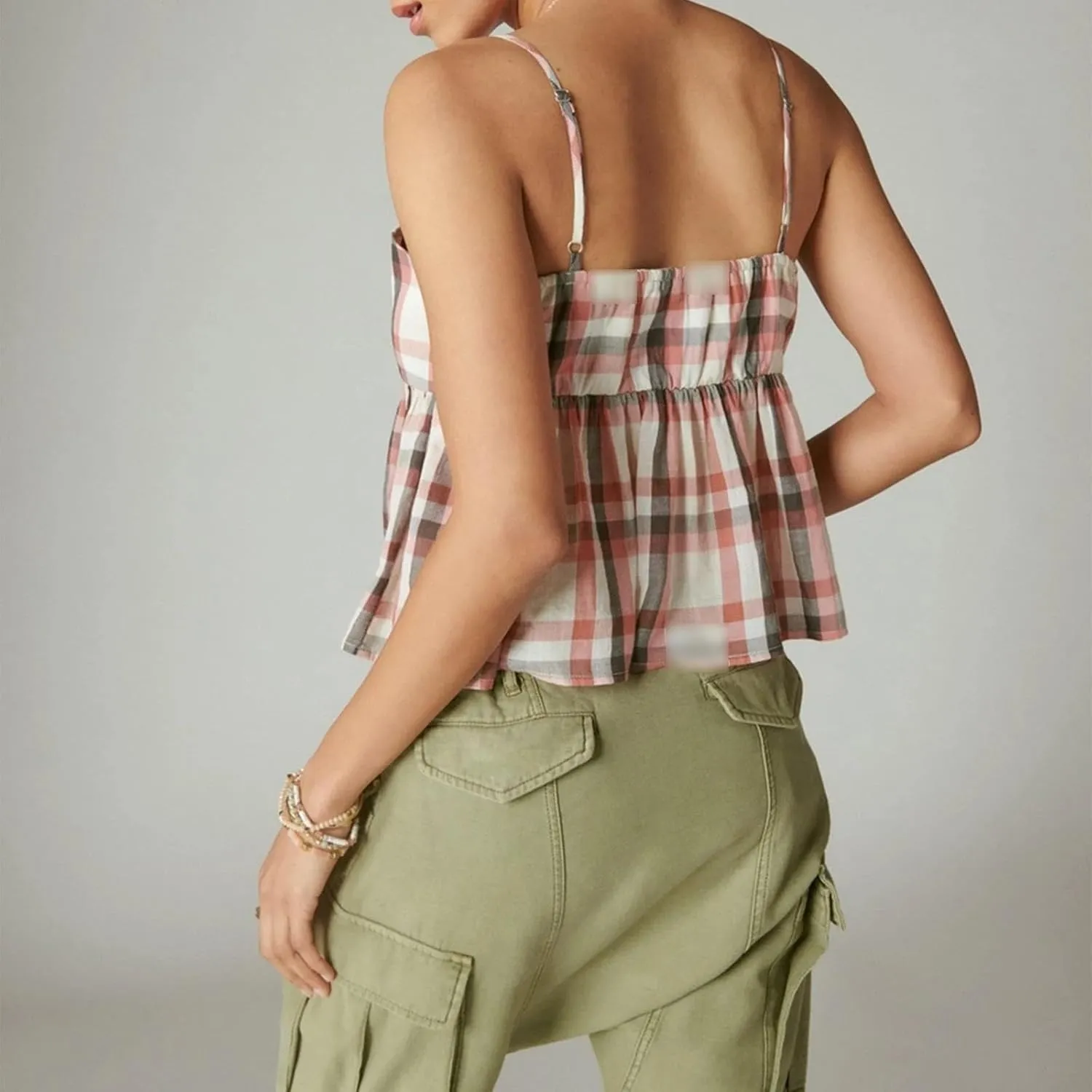 Striped Tank Trim Plaid Neck Ruffle Camisole Out Shirt