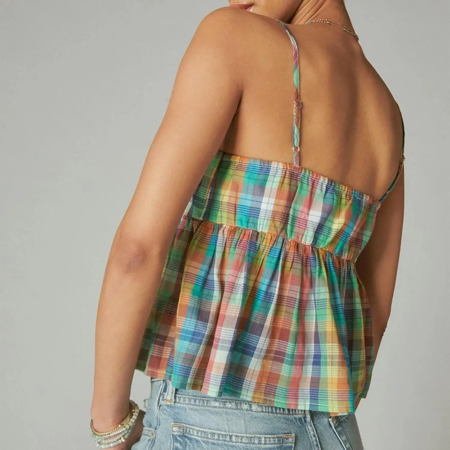 Striped Tank Trim Plaid Neck Ruffle Camisole Out Shirt