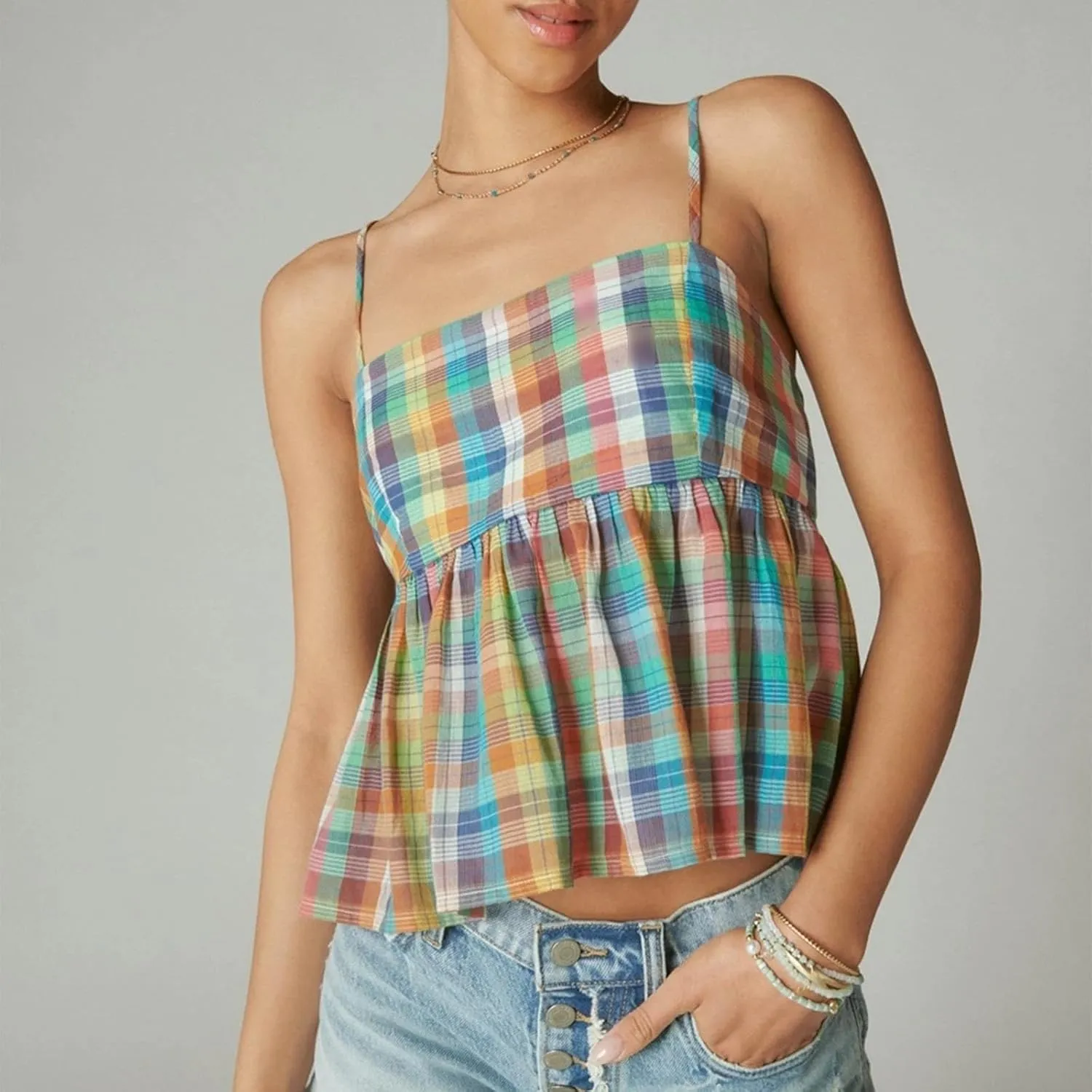 Striped Tank Trim Plaid Neck Ruffle Camisole Out Shirt