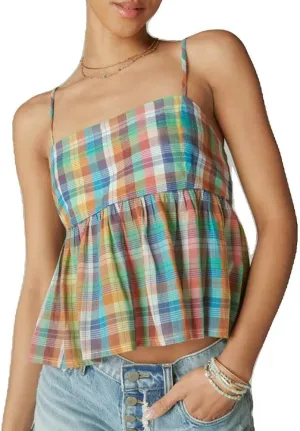 Striped Tank Trim Plaid Neck Ruffle Camisole Out Shirt