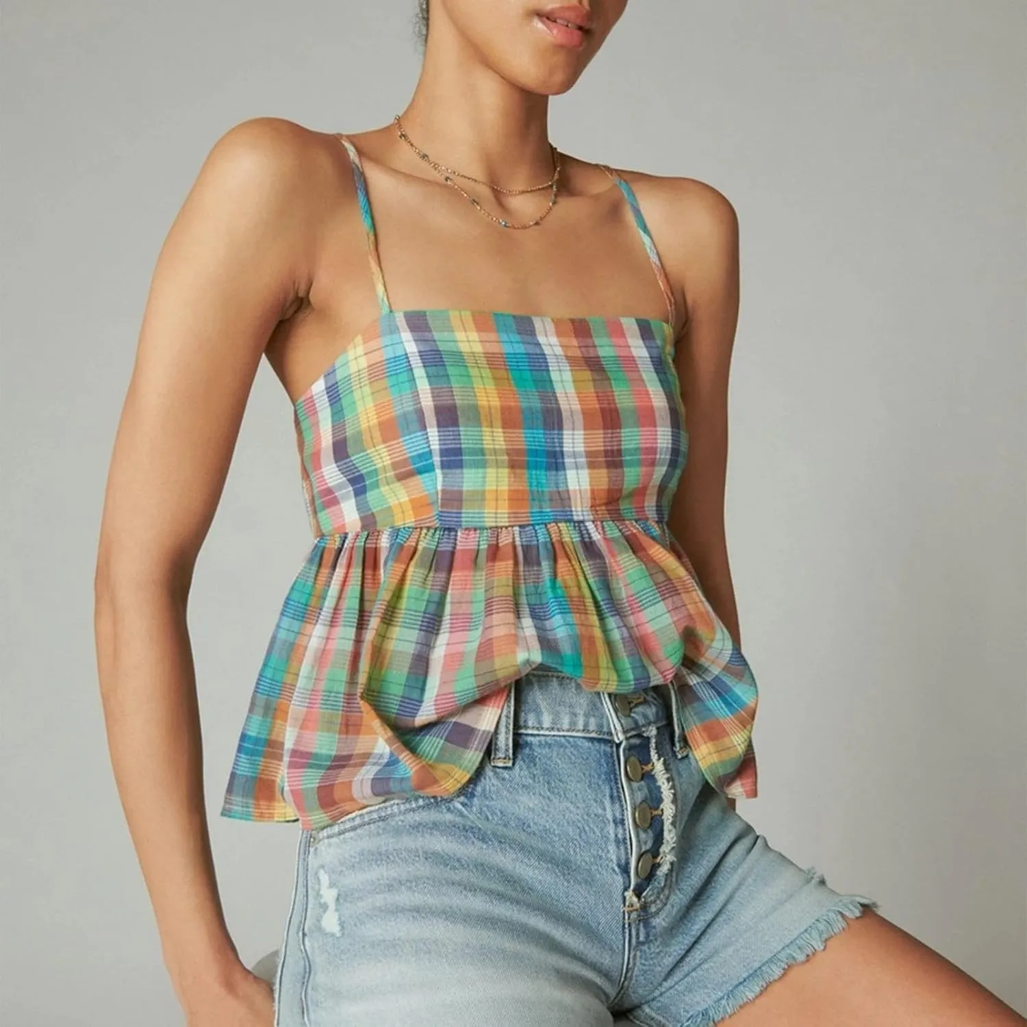 Striped Tank Trim Plaid Neck Ruffle Camisole Out Shirt