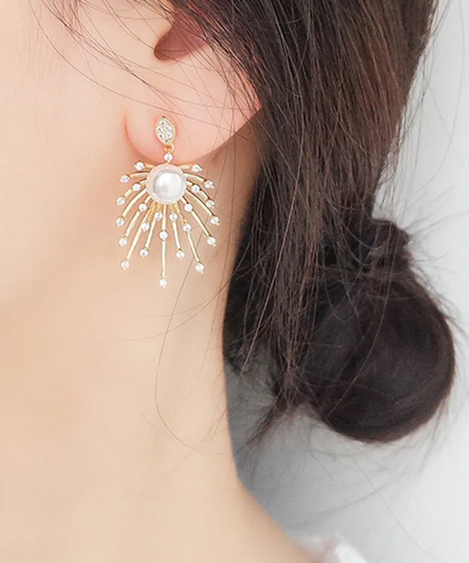 Stylish Gold Sterling Silver Copper Zircon Pearl Drop Earrings