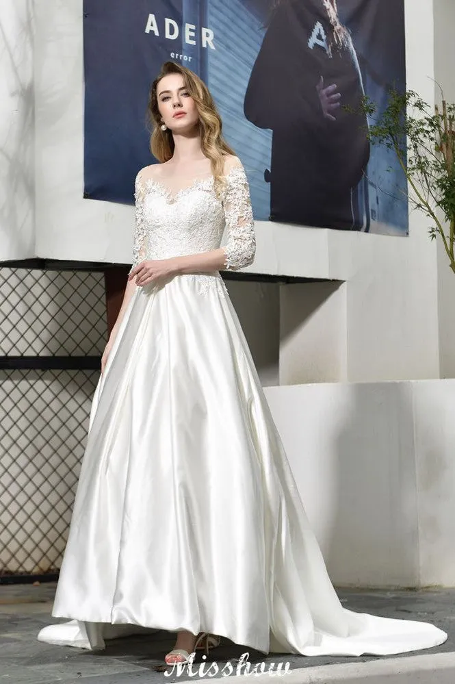 Stylish Lace Appliques Half Sleeves Aline Wedding Dress Floor Length Satin Dress for Bride