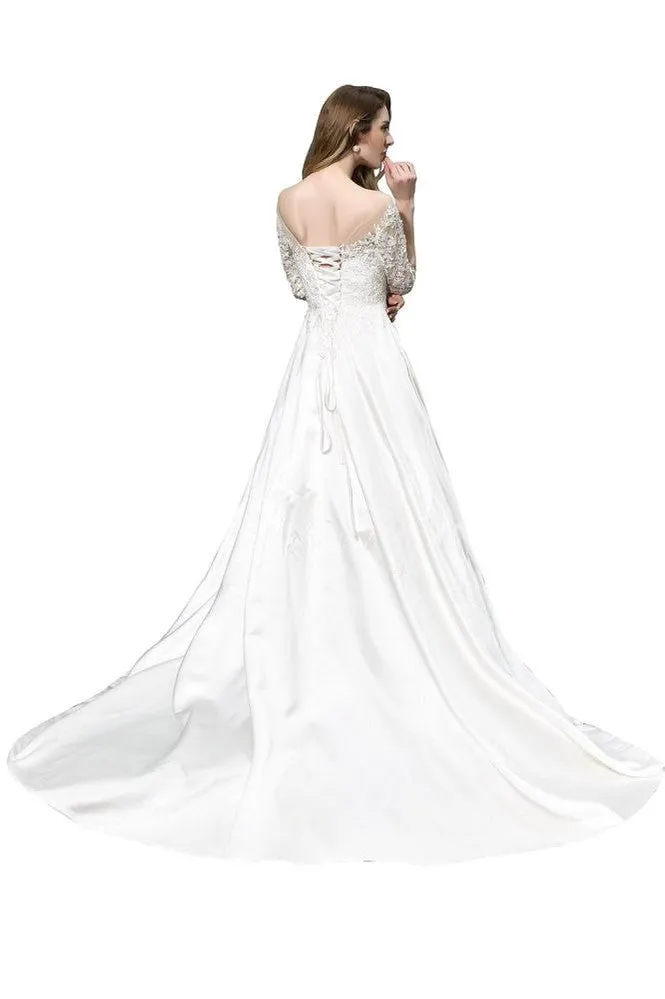 Stylish Lace Appliques Half Sleeves Aline Wedding Dress Floor Length Satin Dress for Bride