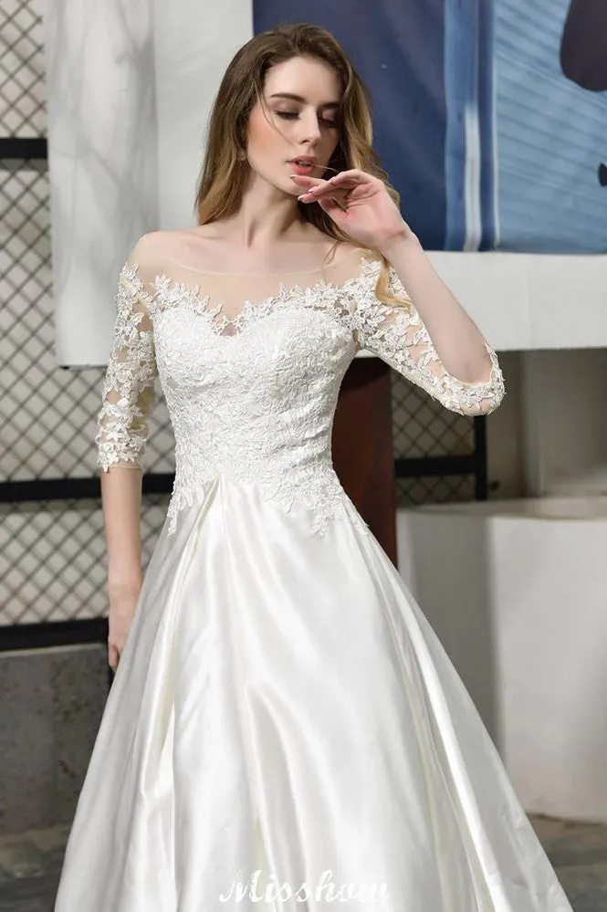 Stylish Lace Appliques Half Sleeves Aline Wedding Dress Floor Length Satin Dress for Bride