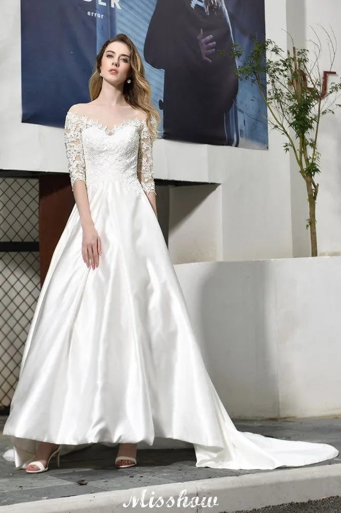 Stylish Lace Appliques Half Sleeves Aline Wedding Dress Floor Length Satin Dress for Bride