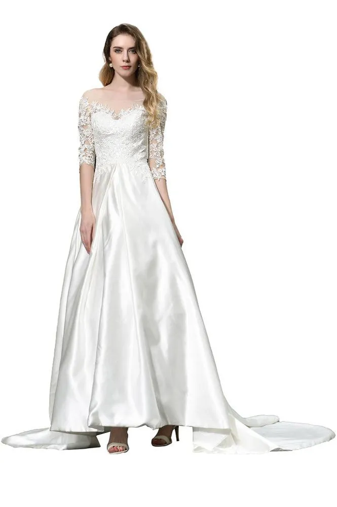 Stylish Lace Appliques Half Sleeves Aline Wedding Dress Floor Length Satin Dress for Bride