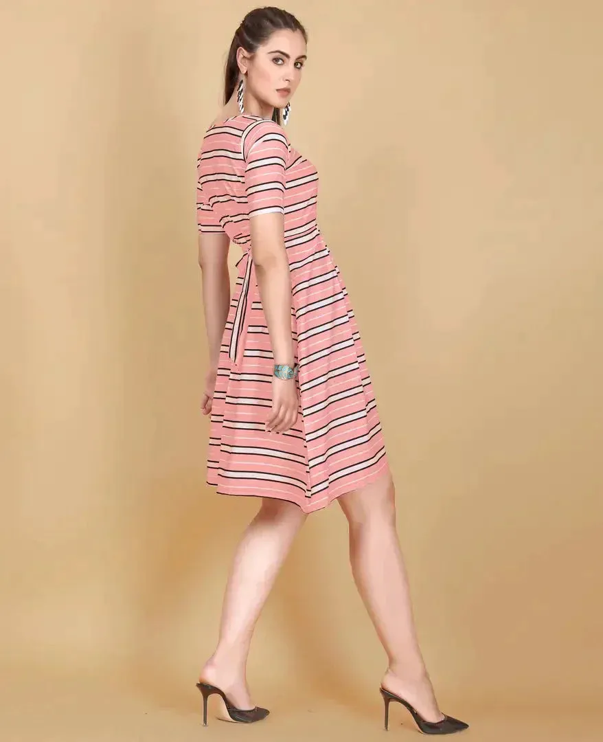 Stylish Pink Crepe Printed Fit And Flare Dress For Women