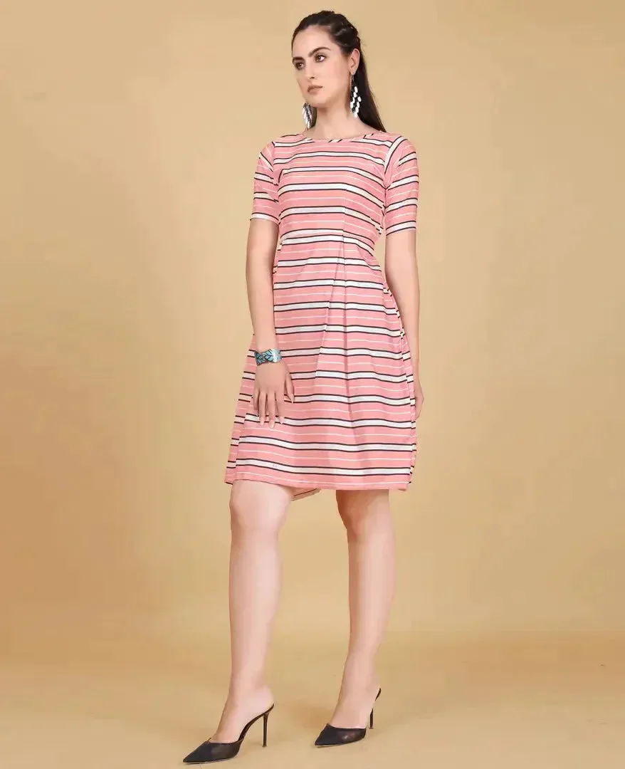 Stylish Pink Crepe Printed Fit And Flare Dress For Women