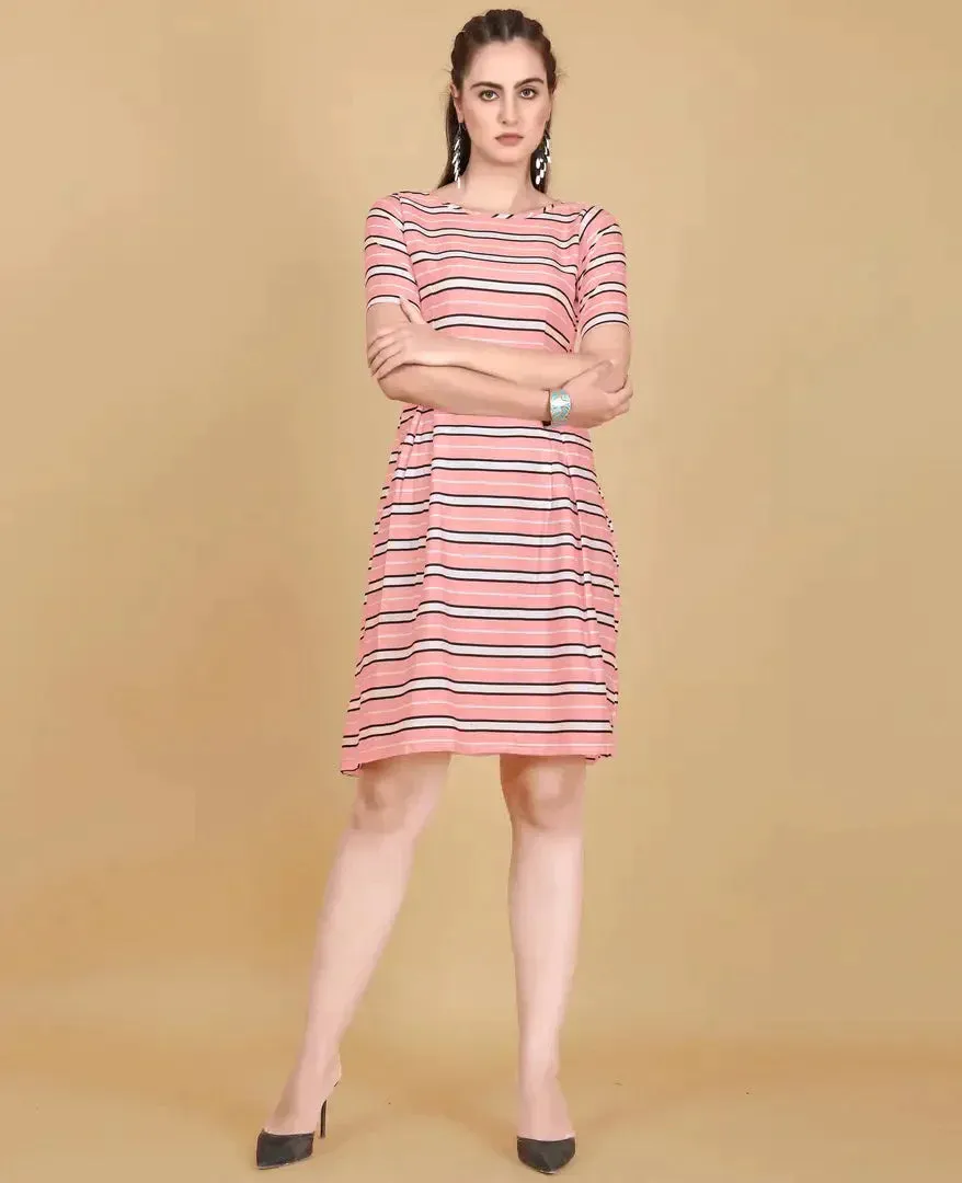 Stylish Pink Crepe Printed Fit And Flare Dress For Women