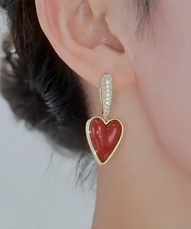 Stylish Red Sterling Silver Overgild Zircon Love Drip Glaze Drop Earrings