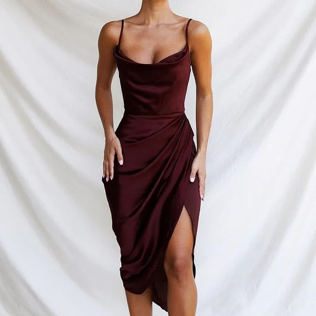 Stylish Satin V-Neck High Side Split Mini Dress