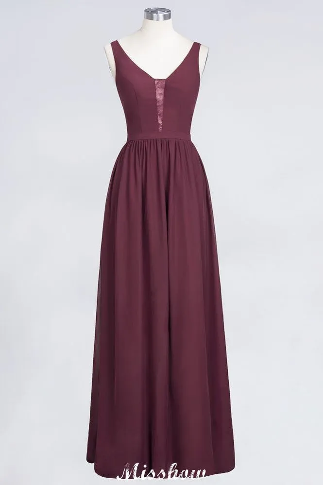 Stylish V-Neck aline Evening Maxi Gown Chiffon Sleeveless Bridesmaid Dress Burgundy