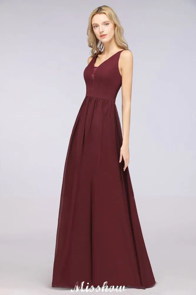 Stylish V-Neck aline Evening Maxi Gown Chiffon Sleeveless Bridesmaid Dress Burgundy
