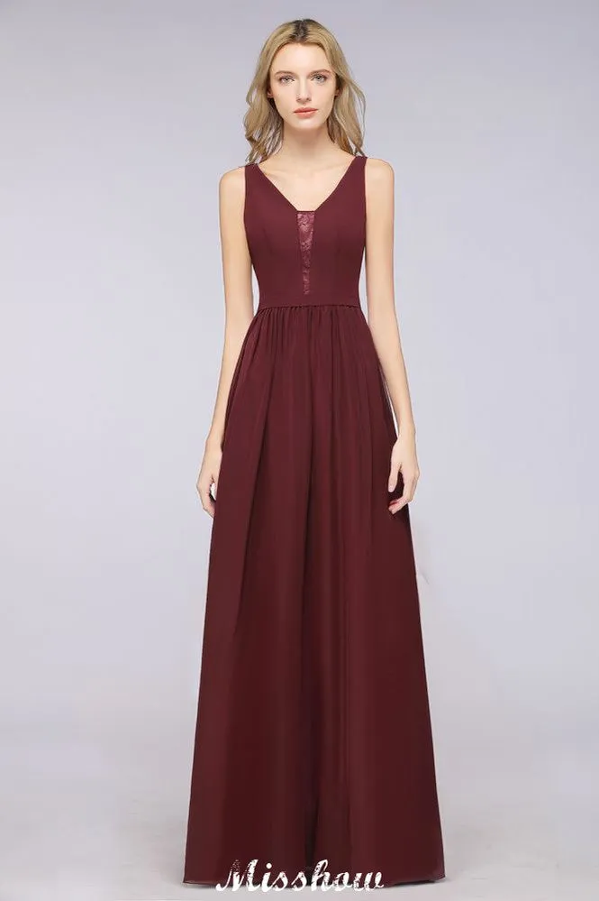 Stylish V-Neck aline Evening Maxi Gown Chiffon Sleeveless Bridesmaid Dress Burgundy