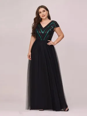Stylish V Neck Maxi Plus Size Tulle Evening Dress with Sequin